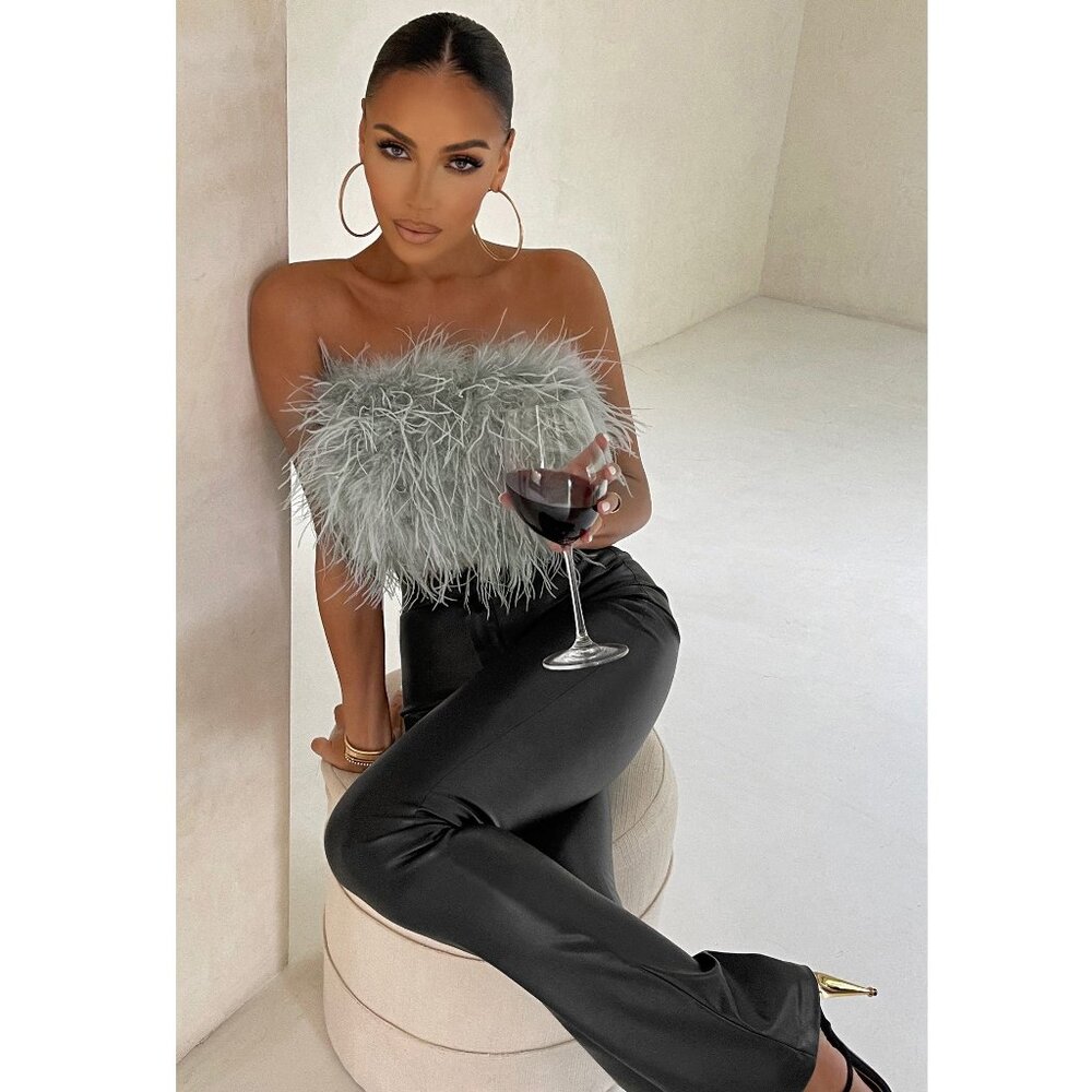 💥CHIC & SEXY💥ROARING 20's VIBE 100% OSTRICH FEATHER TOP in GRAY - Picture 3 of 11